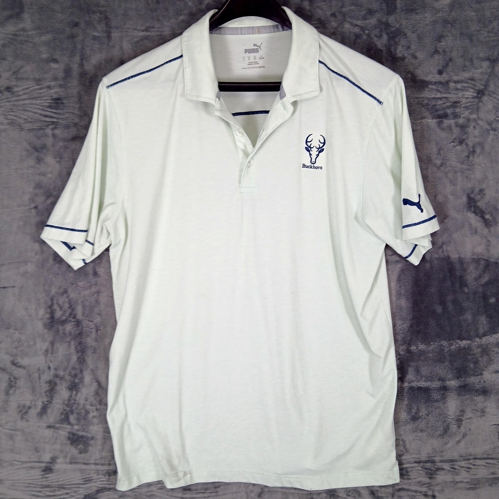Puma Polo Shirt Mens Large White Buckhorn Deer Logo‎ Golf Performance Athletic